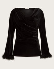 Fay Velvet Feather Sleeve Cowl Top, Black (BLACK), large