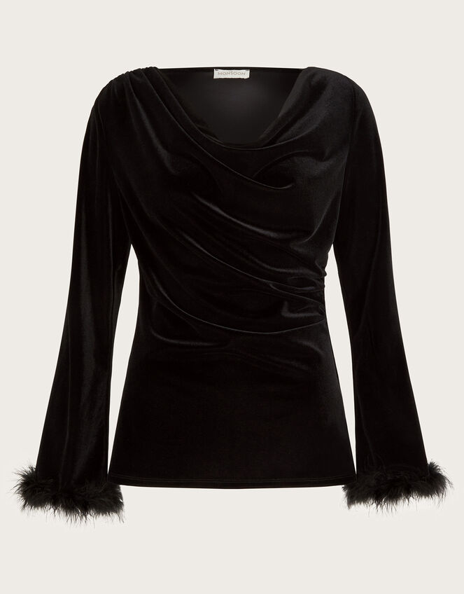 Fay Velvet Feather Sleeve Cowl Top, Black (BLACK), large