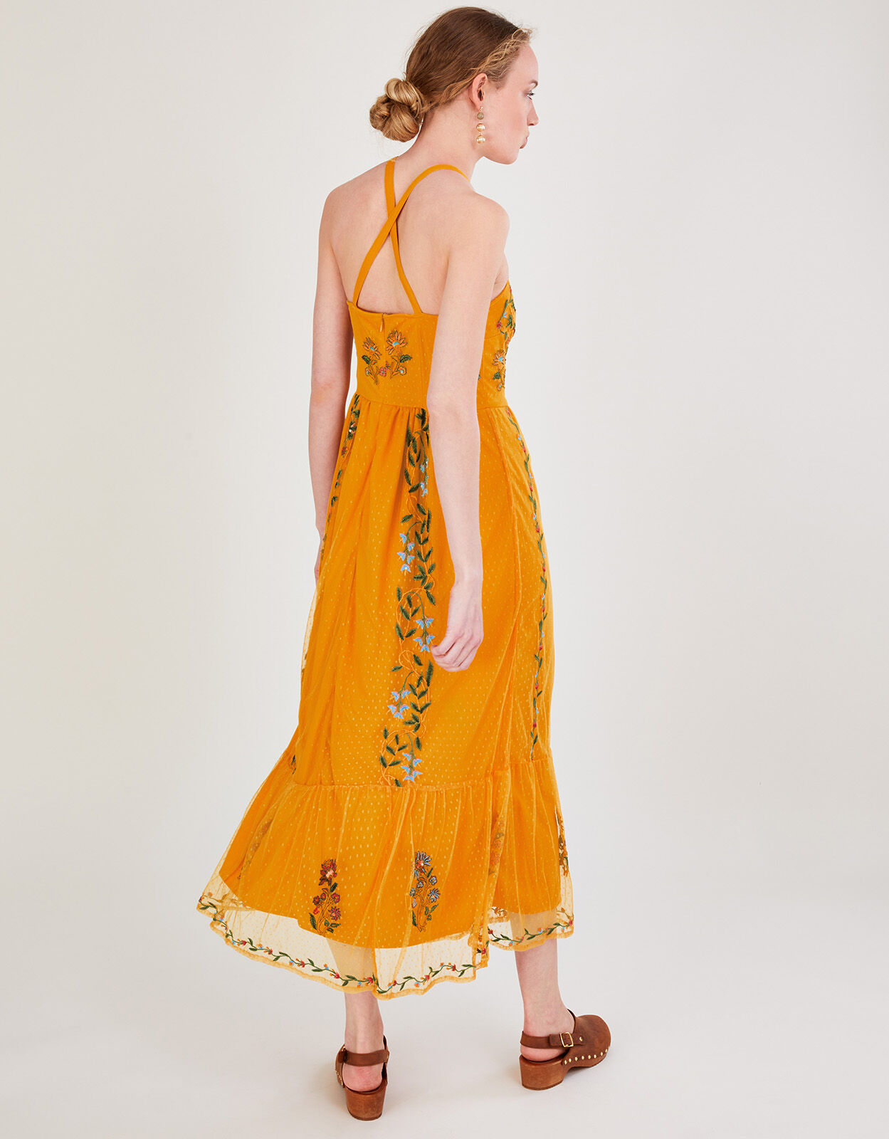 Harlow Halter Embroidered Dress Yellow 