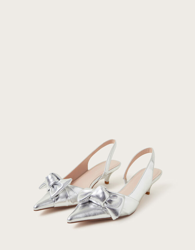 Bronte Metallic Bow Slingback Kitten Heels, Silver (SILVER), large
