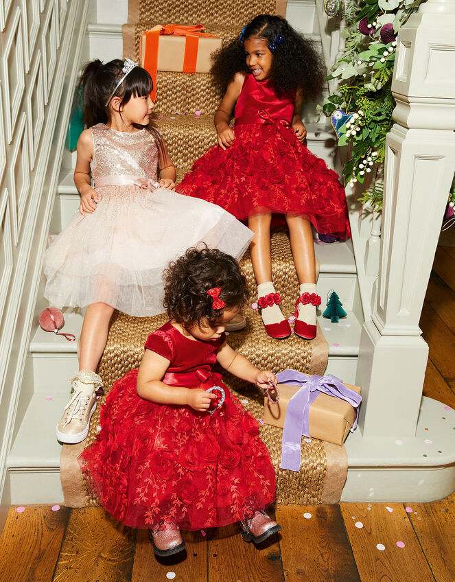 Velvet 3D Roses Dress, Red (RED), large