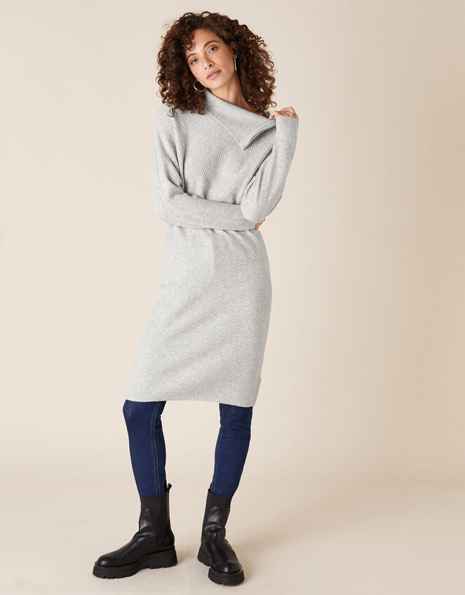 Zip Neck Stitch Knit Dress, Grey (GREY), large