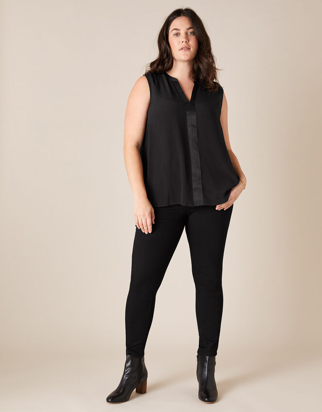 Satin Trim Sleeveless Blouse with LENZING™ ECOVERO™, Black (BLACK), large