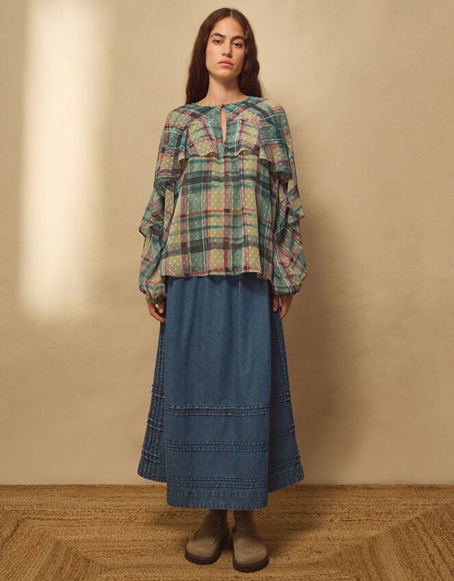 East Clarissa Hand-Painted Check Print Blouse, Teal (TEAL), large