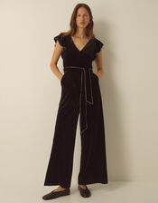 Dionne V-Neck Velvet Jumpsuit, Black (BLACK), large