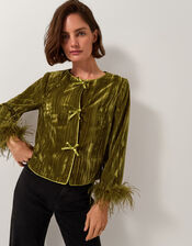 Olivia Feather Cuff Velvet Jacket, Green (OLIVE), large
