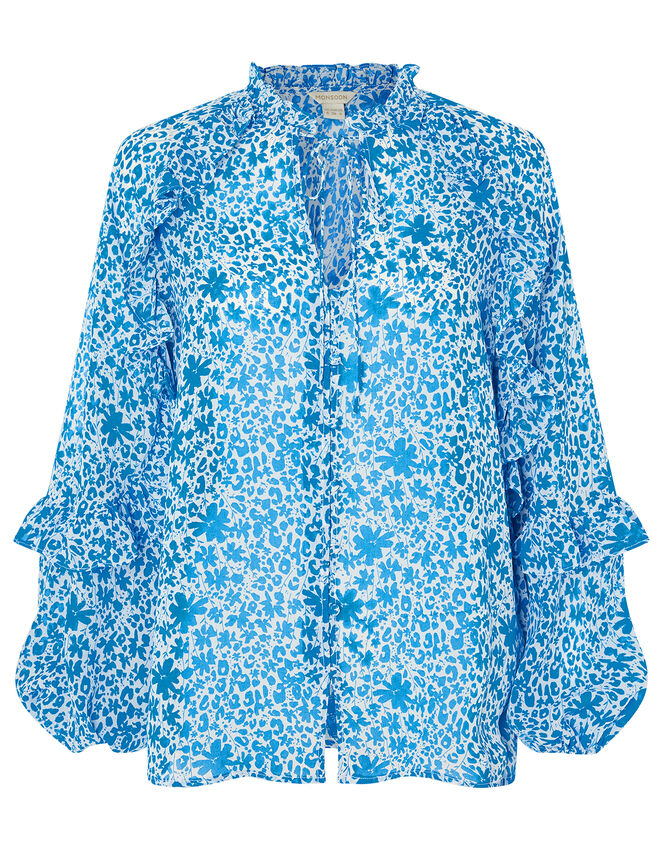 Ruffle Sleeve Floral Blouse, Blue (BLUE), large