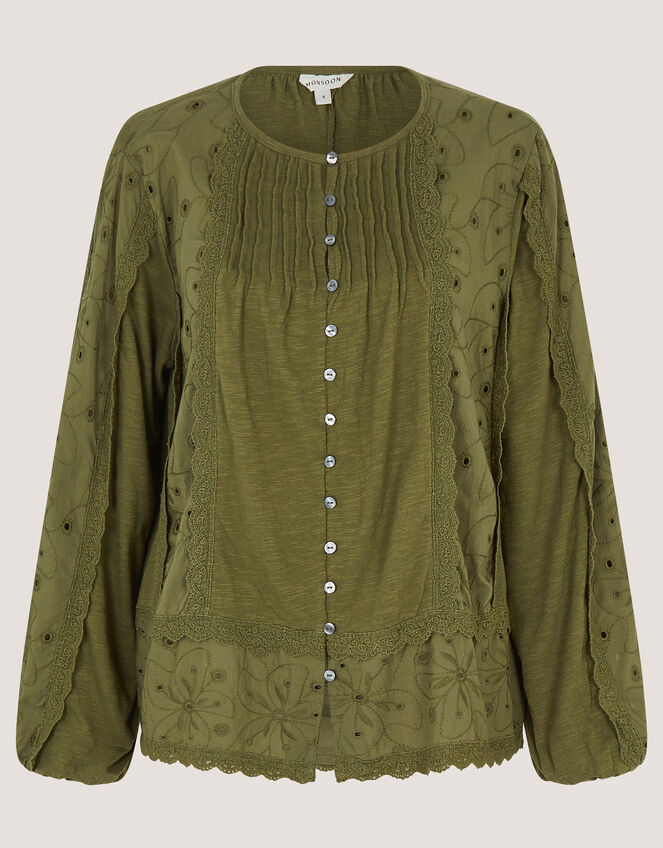 Joss Floral Embroidered Jersey Top, Green (KHAKI), large