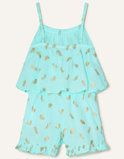 Fruit Print Frill Playsuit , Blue (TURQUOISE), large