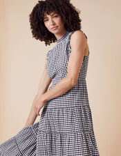 Gingham Tiered Midi Dress in Organic Cotton, Black (BLACK), large