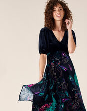 Persephone Peacock Print Hanky Hem Dress, Black (BLACK), large