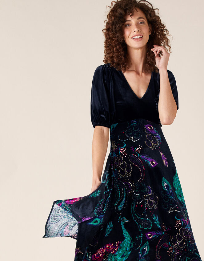 Persephone Peacock Print Hanky Hem Dress, Black (BLACK), large