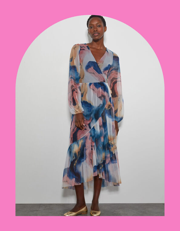 Crās Marble Print Wrap Midi Dress, Blue (BLUE), large
