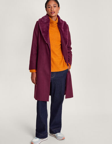 Rufus Fur Collar Belted Coat with Recycled Polyester, Red (WINE), large