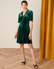 Connie Embellished Stretch Velvet Collar Dress, Green (GREEN), large
