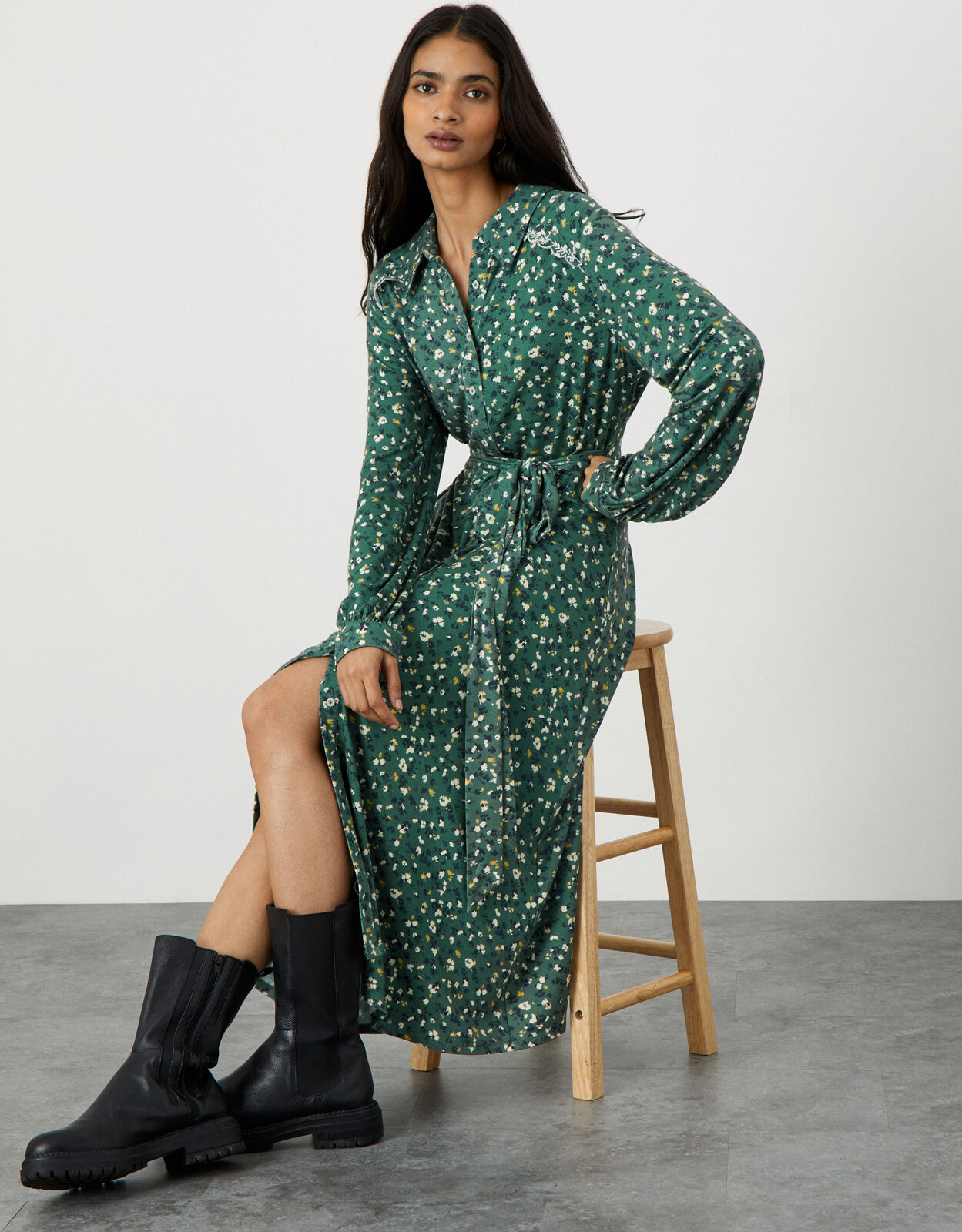 Floral Print Embroidered Shirt Dress Green