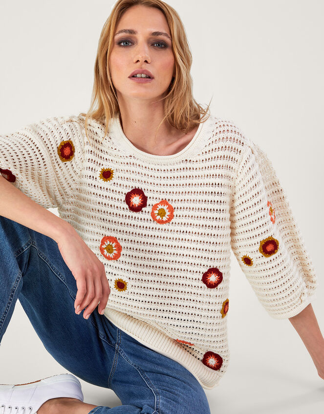 Floral Embroidered Sweater, Ivory (IVORY), large