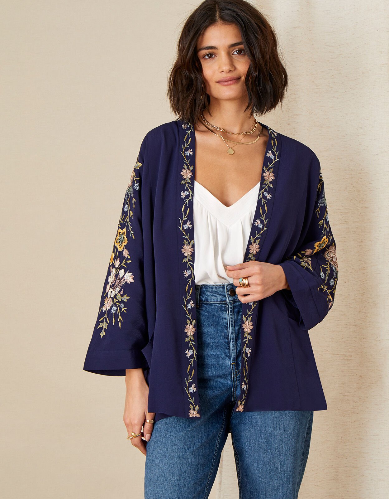Floral Embroidered Short KImono Blue