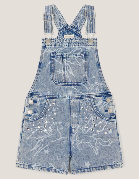 Unicorn Print Denim Dungarees, Blue (BLUE), large