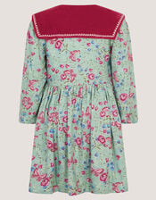 Floral Print Velvet Collar Dress, Green (GREEN), large