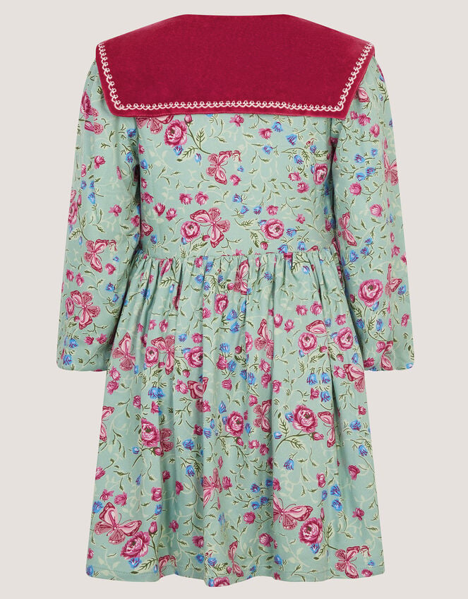 Floral Print Velvet Collar Dress, Green (GREEN), large
