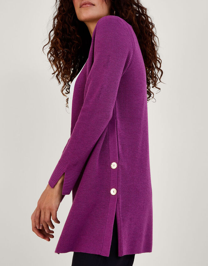 Button Detail Ribbed Longline Cardigan, VIOLET, large
