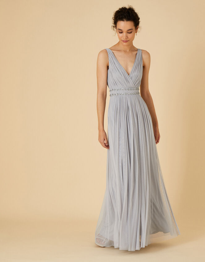 Pleated Embellished Maxi Dress , Silver (SILVER), large