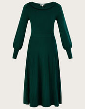 Pleat Trim Slash Neck Midi Dress, Green (DARK GREEN), large