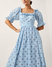 The India Edit Matilda Printed Puff Sleeve Midi Dress, Blue (BLUE), large