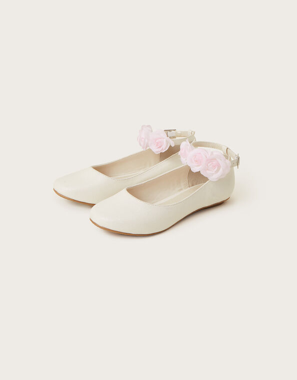 Contrast Ankle Corsage Ballerina Flats, Ivory (IVORY), large