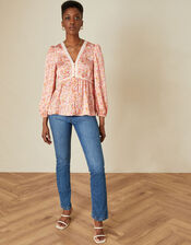 Ditsy Print Button Through Blouse with Recycled Polyester, Cream (CREAM), large