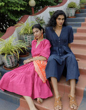 Cutwork Detail Tiered Dress in Linen Blend, Blue (NAVY), large