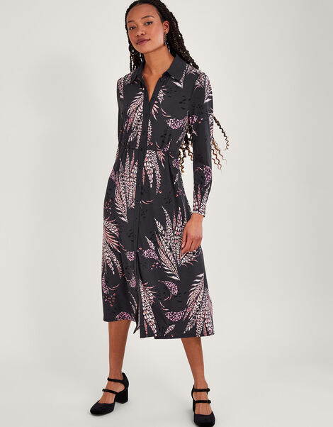 Feather Print Shirt Dress, Black (BLACK), large