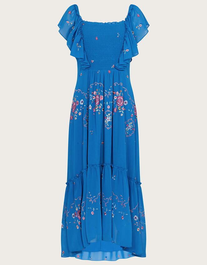Sylvia Embroidered Midi Dress in Recycled Polyester, Blue (BLUE), large