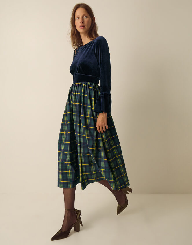 Viola Check Print Velvet Midi Dress, Blue (MIDNIGHT), large