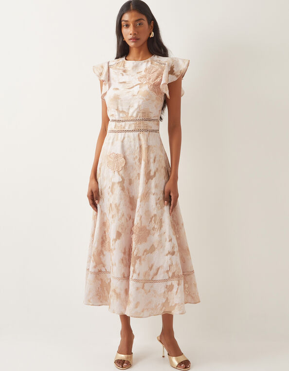 Josie Flutter Sleeve Floral Jacquard Midi Dress, Pink (BLUSH), large