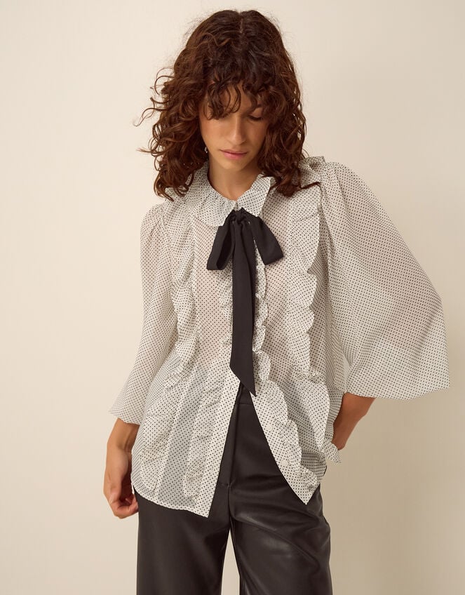 Erica Polka Dot Ruffle Blouse, White (WHITE), large
