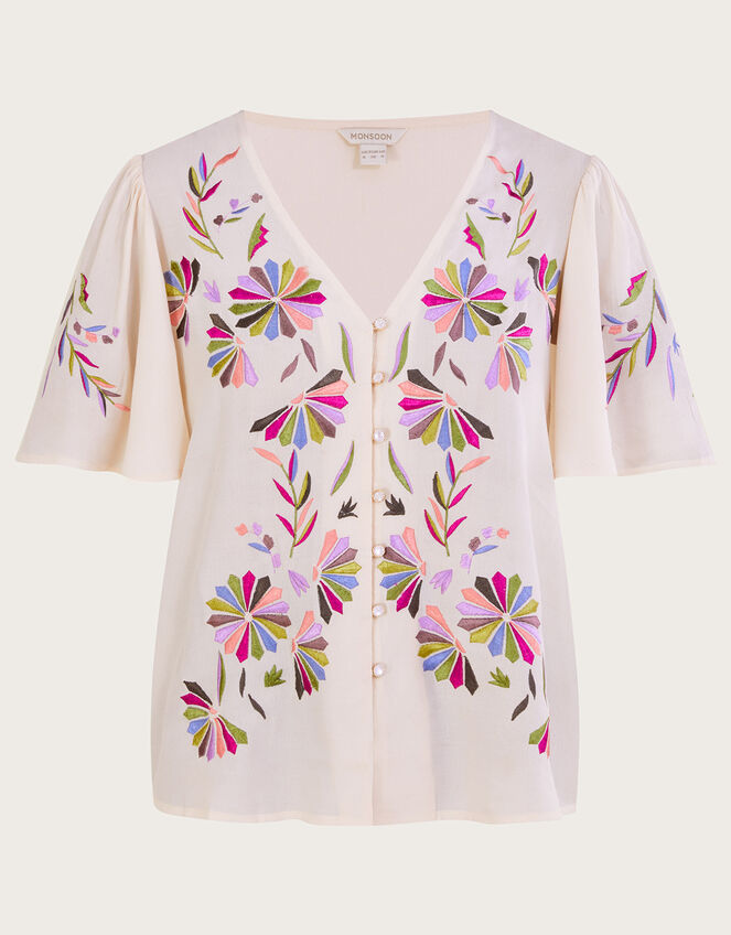 Farah Embroidered Top in Sustainable Viscose, Ivory (IVORY), large