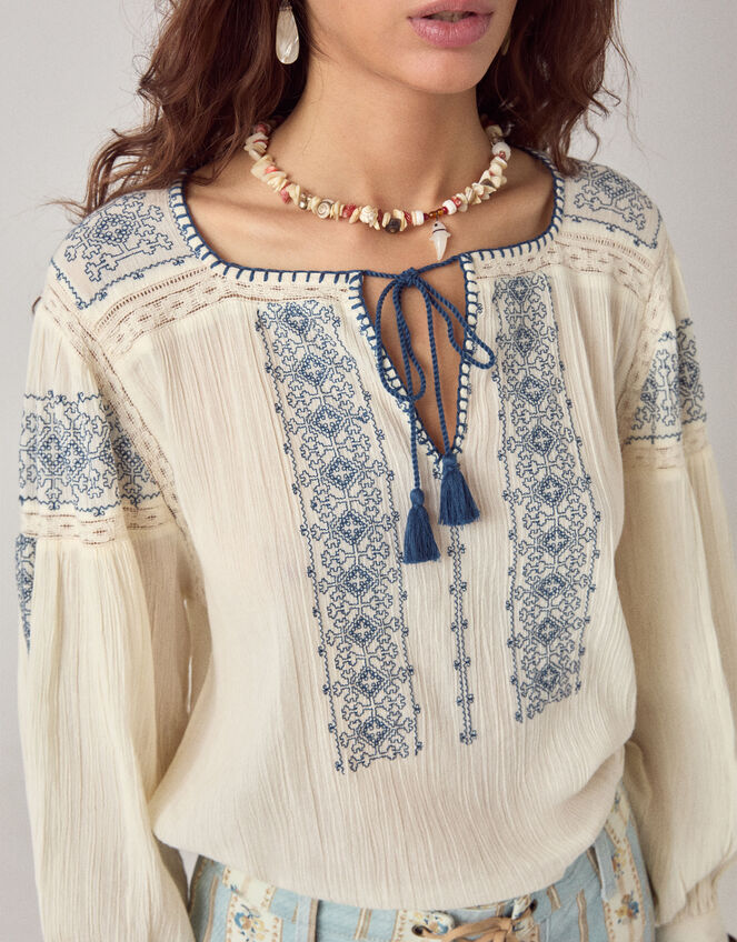 Maison Hotel Claudia Embroidered Blouse, Blue (NAVY), large