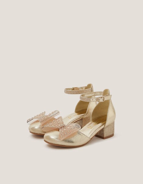 Diamanté Bow Metallic Two-Part Heels, Gold (GOLD), large