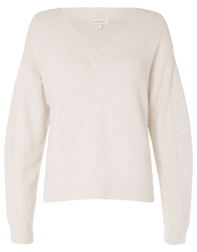 V-Neck Stitchy Yarn Jumper, Ivory (IVORY), large
