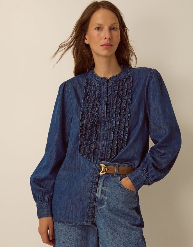 Sophia Ruffle Denim Shirt, Blue (MID AUTHENTIC BLUE), large