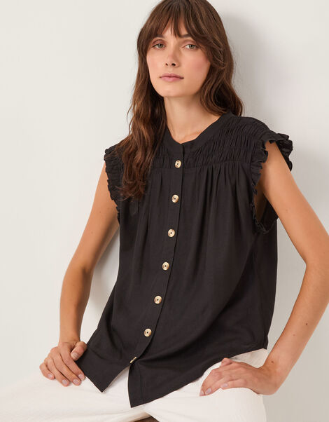 Evelyn Sleeveless Smocked Top, Black (BLACK), large