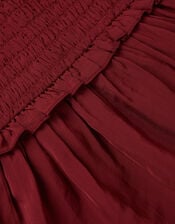 Frilly Smocked Satin Dress, Red (BURGUNDY), large