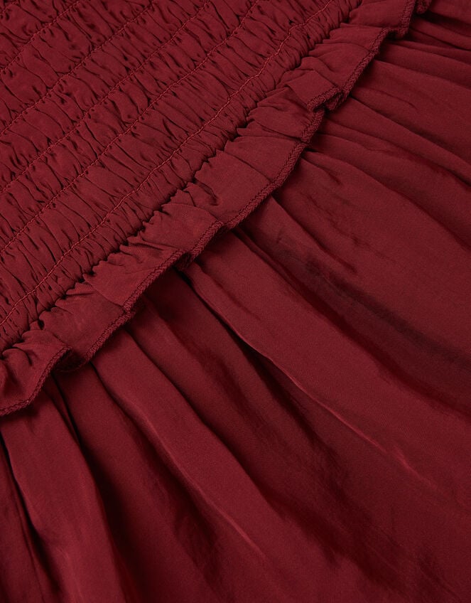 Frilly Smocked Satin Dress, Red (BURGUNDY), large