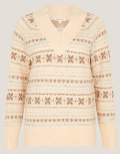 Febe V-Neck Fair Isle Jumper, Ivory (IVORY), large