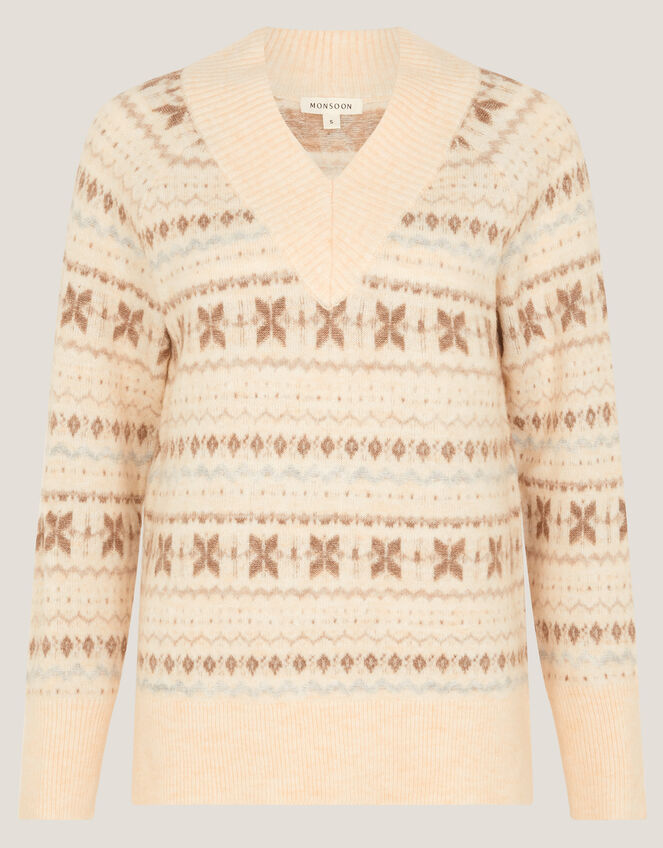 Febe V-Neck Fair Isle Jumper, Ivory (IVORY), large