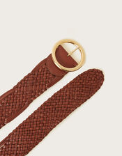 Woven Circular Leather Buckle Belt, Tan (TAN), large