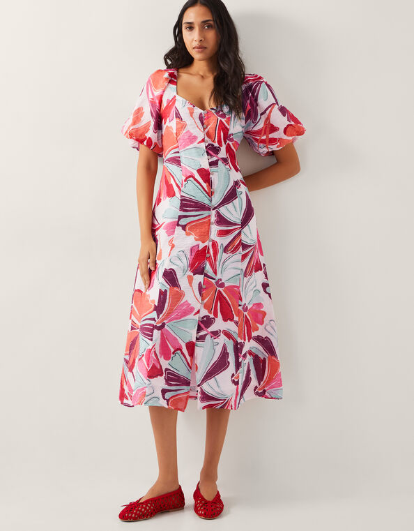 Elana Floral Puff-Sleeve Midi Dress, Ivory (IVORY), large