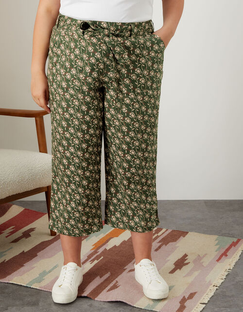 Joanna Linen Crop Trousers, Green (KHAKI), large